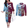 Custom QLD Cane Toad and NSW Cockroach Couples Matching Off The Shoulder Long Sleeve Dress and Long Sleeve Button Shirt Aboriginal Inspired Together