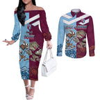 Custom QLD Cane Toad and NSW Cockroach Couples Matching Off The Shoulder Long Sleeve Dress and Long Sleeve Button Shirt Aboriginal Inspired Together