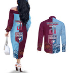 Custom QLD Cane Toad and NSW Cockroach Couples Matching Off The Shoulder Long Sleeve Dress and Long Sleeve Button Shirt Aboriginal Inspired Together