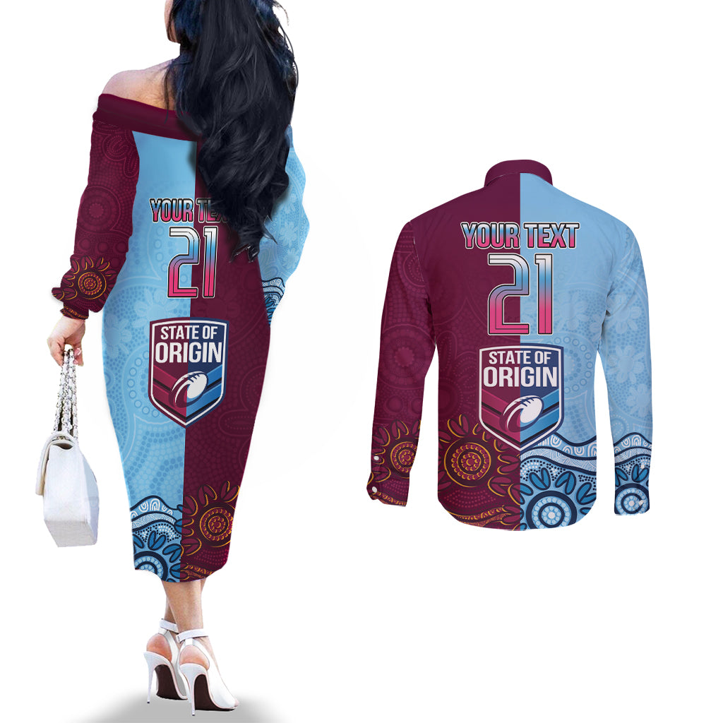 Custom QLD Cane Toad and NSW Cockroach Couples Matching Off The Shoulder Long Sleeve Dress and Long Sleeve Button Shirt Aboriginal Inspired Together
