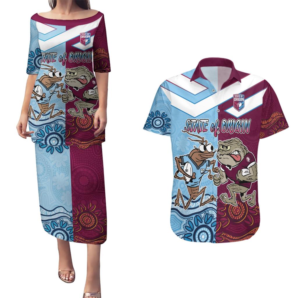 Custom QLD Cane Toad and NSW Cockroach Couples Matching Puletasi and Hawaiian Shirt Aboriginal Inspired Together