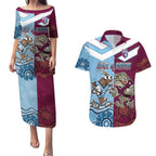 Custom QLD Cane Toad and NSW Cockroach Couples Matching Puletasi and Hawaiian Shirt Aboriginal Inspired Together