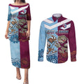 Custom QLD Cane Toad and NSW Cockroach Couples Matching Puletasi and Long Sleeve Button Shirt Aboriginal Inspired Together