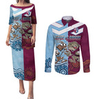 Custom QLD Cane Toad and NSW Cockroach Couples Matching Puletasi and Long Sleeve Button Shirt Aboriginal Inspired Together