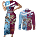 Custom QLD Cane Toad and NSW Cockroach Couples Matching Short Sleeve Bodycon Dress and Long Sleeve Button Shirt Aboriginal Inspired Together