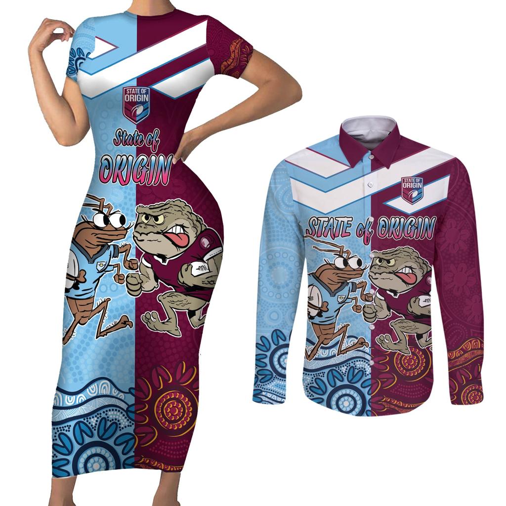 Custom QLD Cane Toad and NSW Cockroach Couples Matching Short Sleeve Bodycon Dress and Long Sleeve Button Shirt Aboriginal Inspired Together