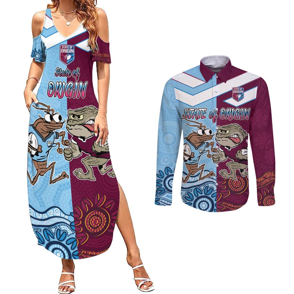 Custom QLD Cane Toad and NSW Cockroach Couples Matching Summer Maxi Dress and Long Sleeve Button Shirt Aboriginal Inspired Together