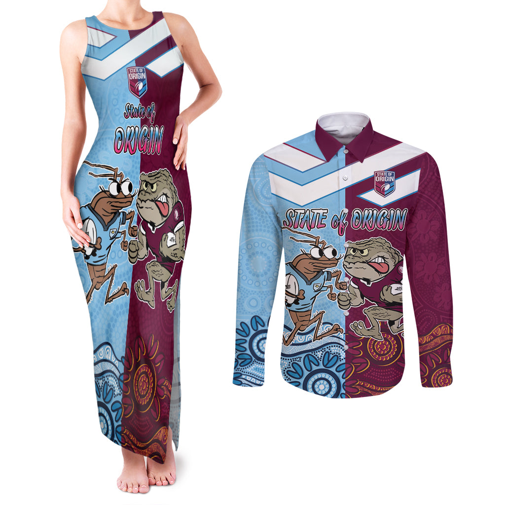 Custom QLD Cane Toad and NSW Cockroach Couples Matching Tank Maxi Dress and Long Sleeve Button Shirt Aboriginal Inspired Together