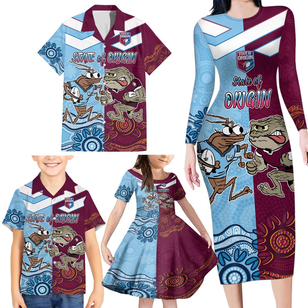 Custom QLD Cane Toad and NSW Cockroach Family Matching Long Sleeve Bodycon Dress and Hawaiian Shirt Aboriginal Inspired Together