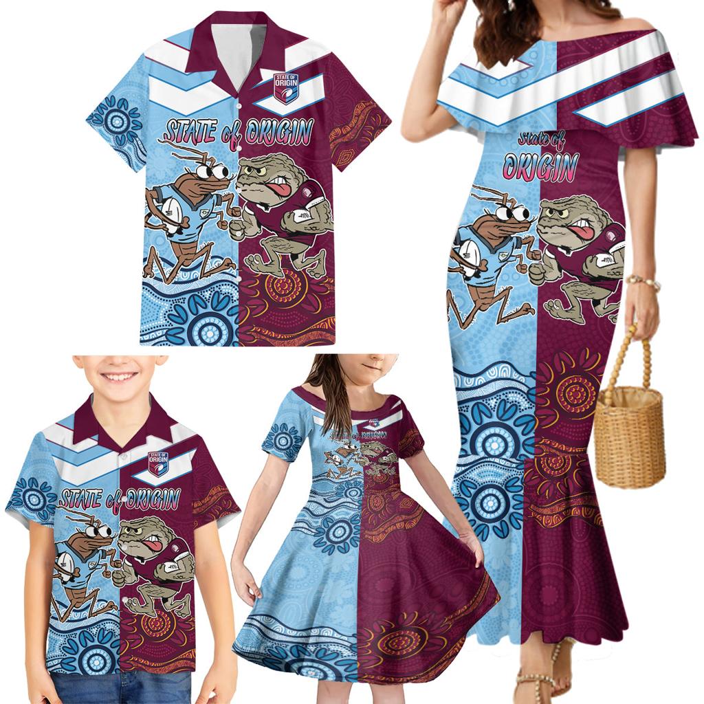 Custom QLD Cane Toad and NSW Cockroach Family Matching Mermaid Dress and Hawaiian Shirt Aboriginal Inspired Together