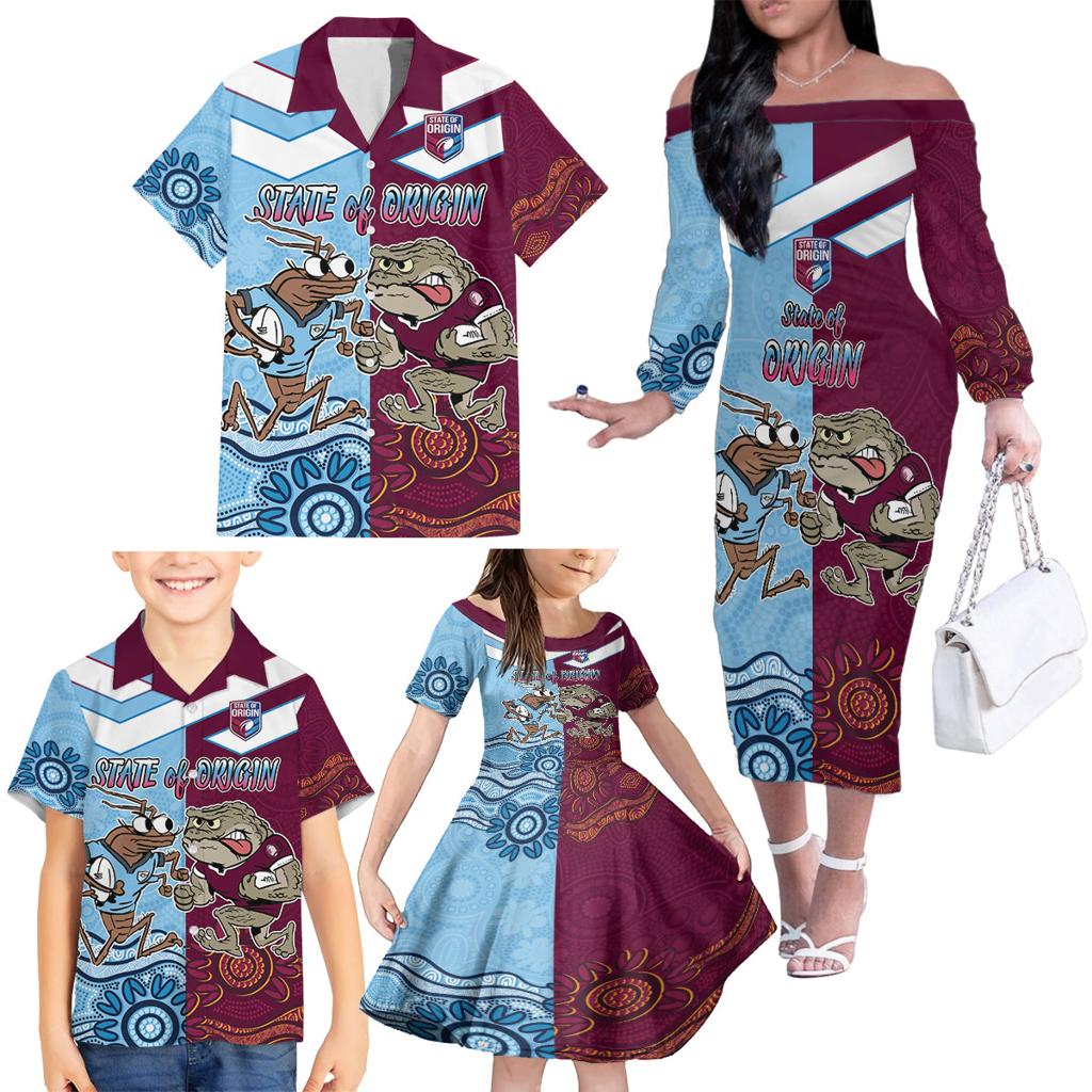 Custom QLD Cane Toad and NSW Cockroach Family Matching Off The Shoulder Long Sleeve Dress and Hawaiian Shirt Aboriginal Inspired Together
