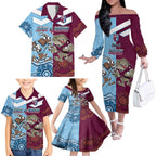 Custom QLD Cane Toad and NSW Cockroach Family Matching Off The Shoulder Long Sleeve Dress and Hawaiian Shirt Aboriginal Inspired Together