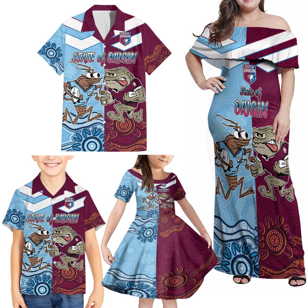 Custom QLD Cane Toad and NSW Cockroach Family Matching Off Shoulder Maxi Dress and Hawaiian Shirt Aboriginal Inspired Together