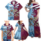 Custom QLD Cane Toad and NSW Cockroach Family Matching Off Shoulder Maxi Dress and Hawaiian Shirt Aboriginal Inspired Together