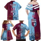 Custom QLD Cane Toad and NSW Cockroach Family Matching Off Shoulder Maxi Dress and Hawaiian Shirt Aboriginal Inspired Together