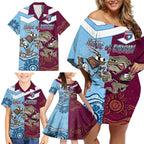 Custom QLD Cane Toad and NSW Cockroach Family Matching Off Shoulder Short Dress and Hawaiian Shirt Aboriginal Inspired Together