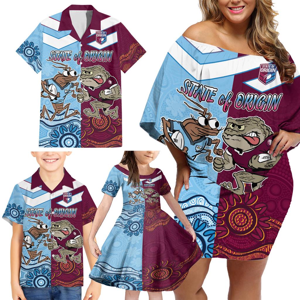 Custom QLD Cane Toad and NSW Cockroach Family Matching Off Shoulder Short Dress and Hawaiian Shirt Aboriginal Inspired Together