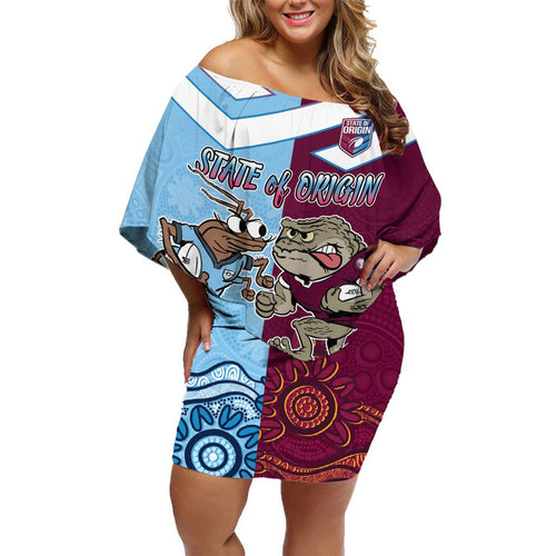 Custom QLD Cane Toad and NSW Cockroach Family Matching Off Shoulder Short Dress and Hawaiian Shirt Aboriginal Inspired Together