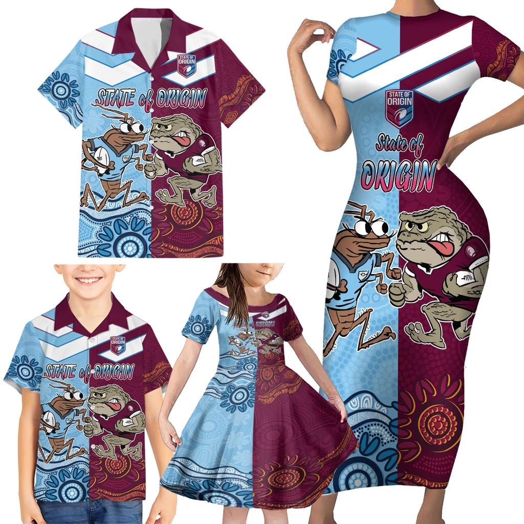 Custom QLD Cane Toad and NSW Cockroach Family Matching Short Sleeve Bodycon Dress and Hawaiian Shirt Aboriginal Inspired Together