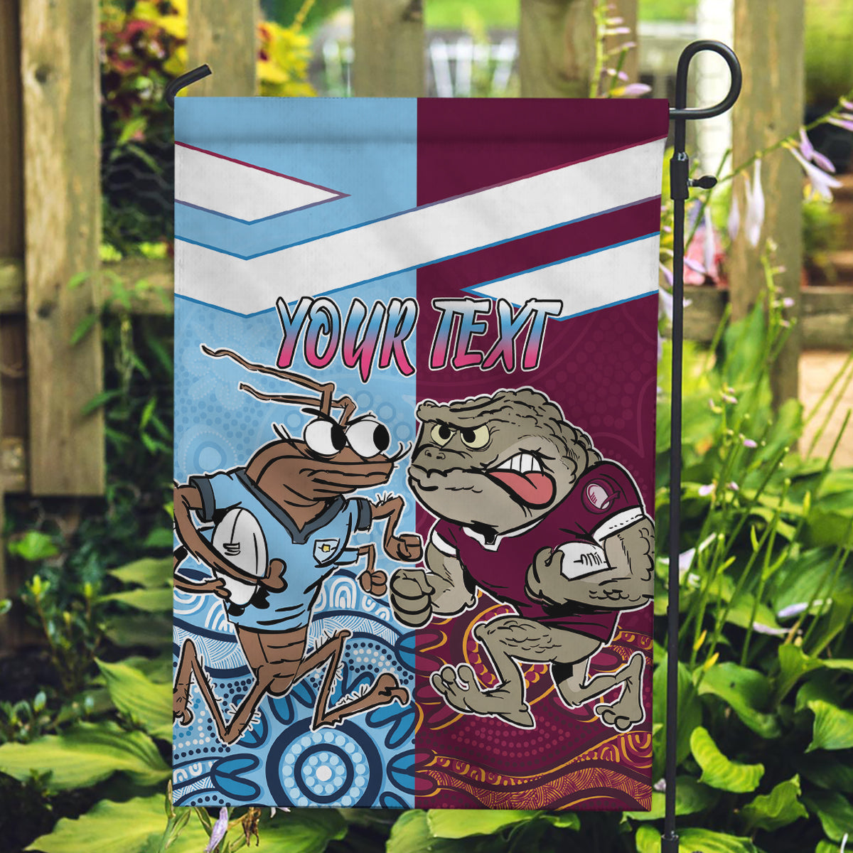 Custom QLD Cane Toad and NSW Cockroach Garden Flag Aboriginal Inspired Together