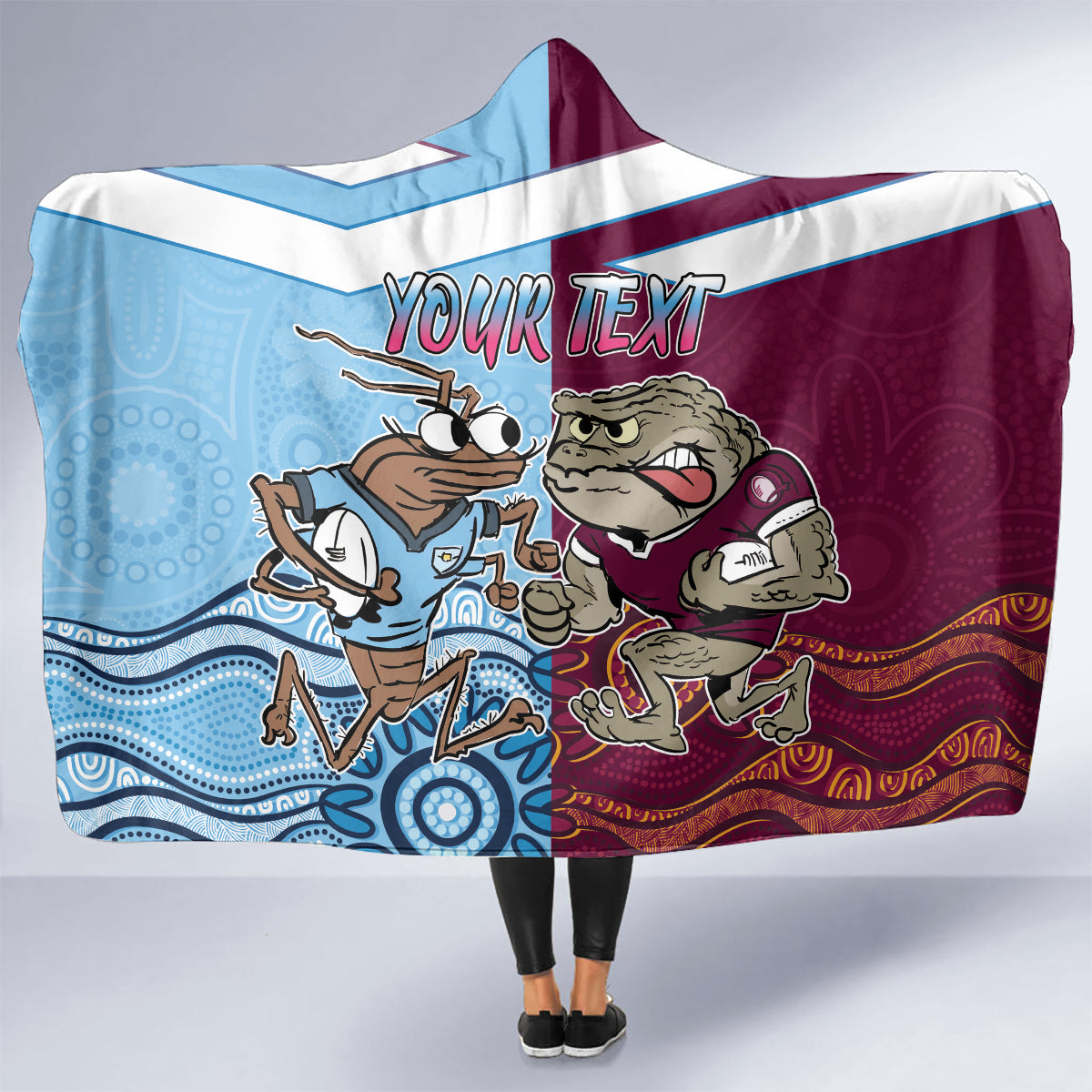 Custom QLD Cane Toad and NSW Cockroach Hooded Blanket Aboriginal Inspired Together