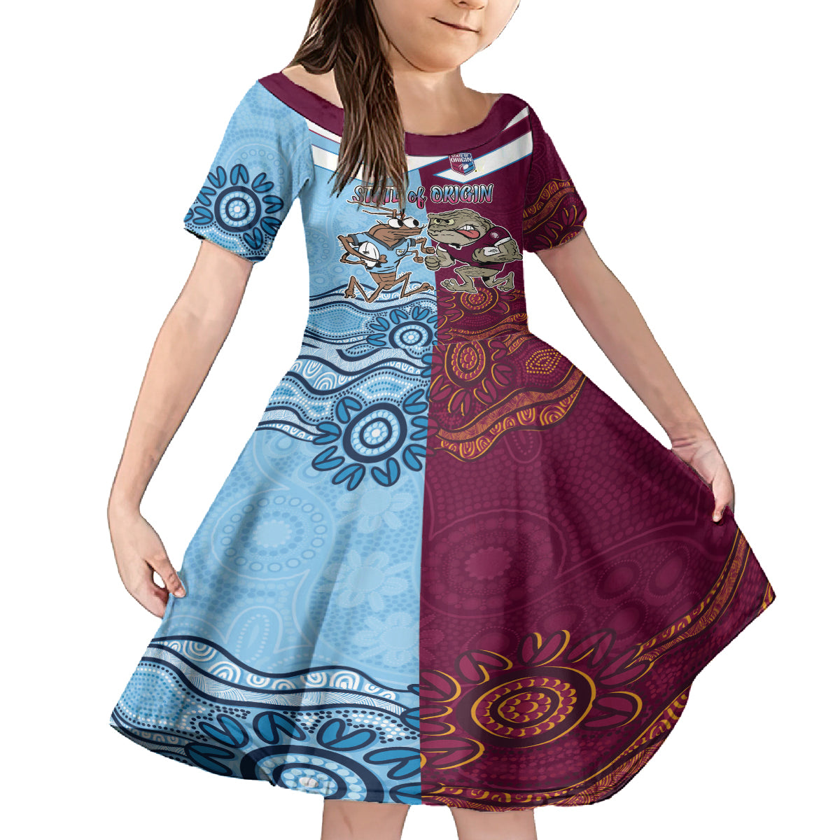 Custom QLD Cane Toad and NSW Cockroach Kid Short Sleeve Dress Aboriginal Inspired Together