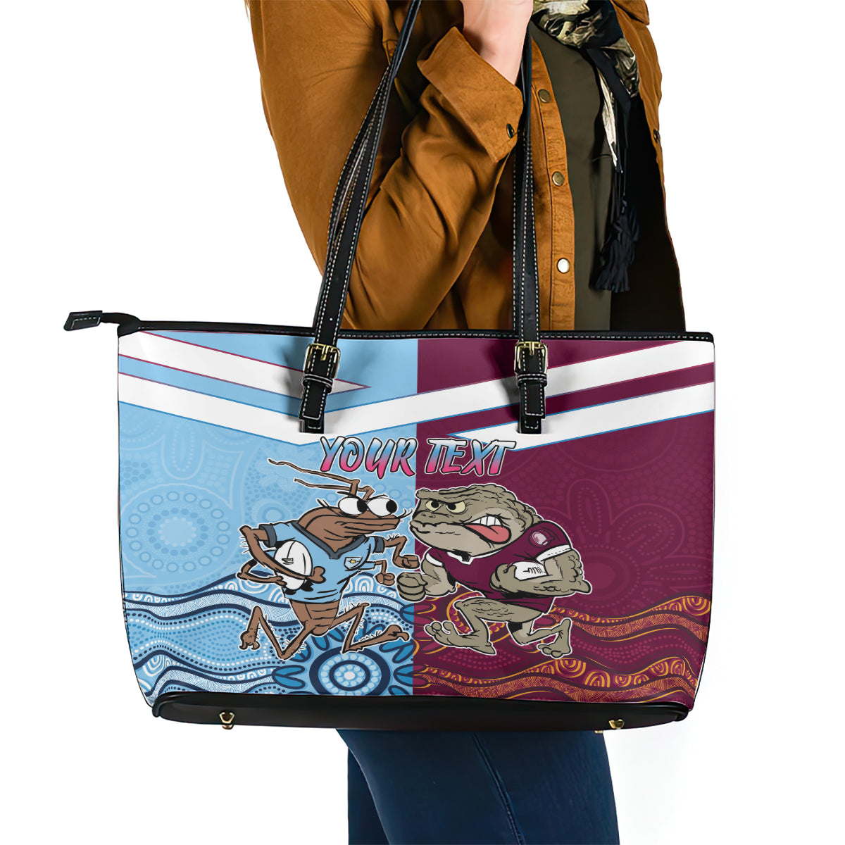 Custom QLD Cane Toad and NSW Cockroach Leather Tote Bag Aboriginal Inspired Together