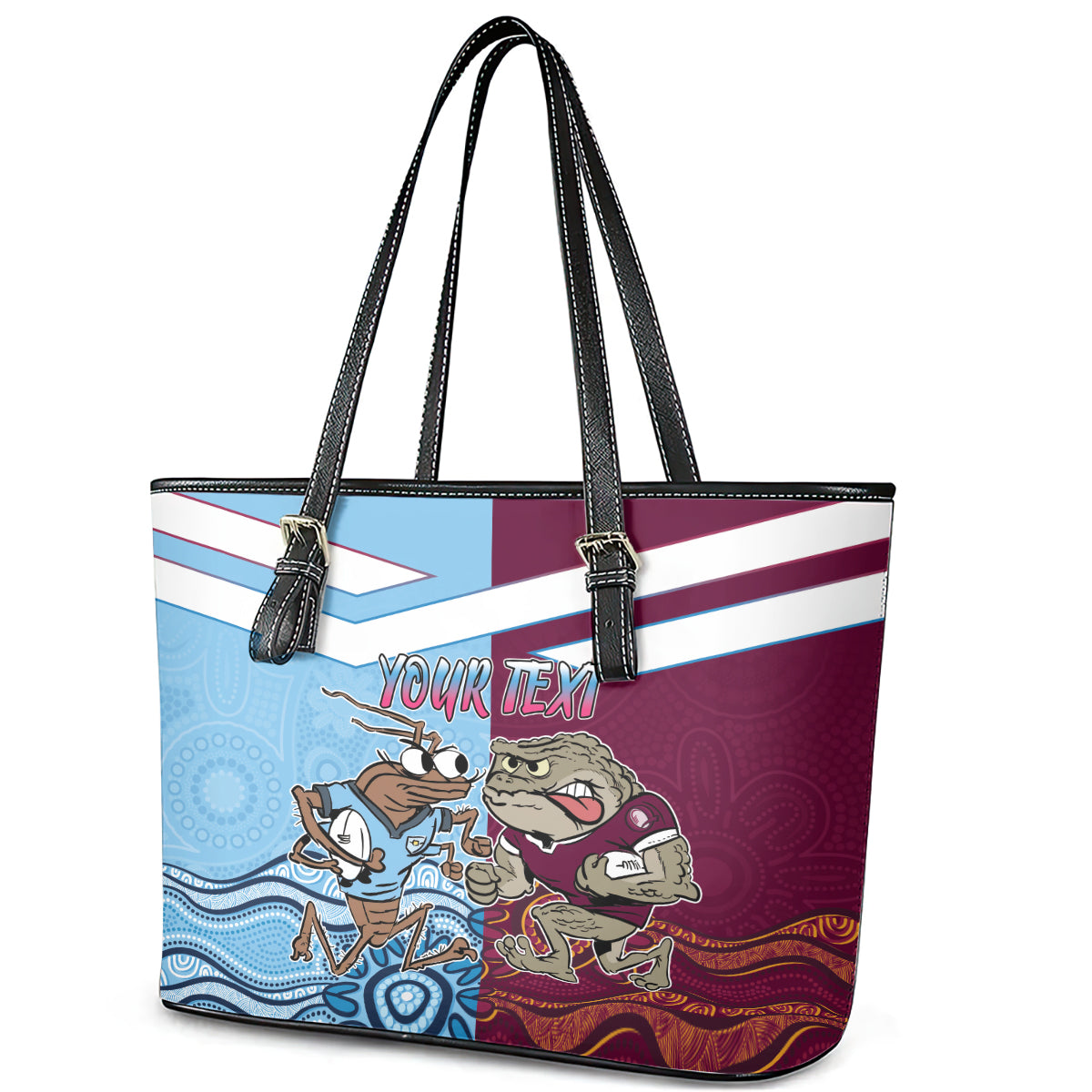 Custom QLD Cane Toad and NSW Cockroach Leather Tote Bag Aboriginal Inspired Together
