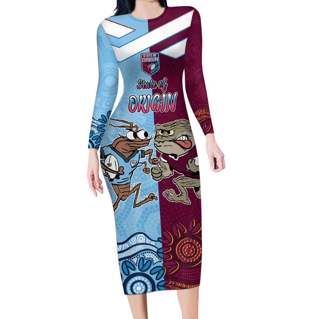 Custom QLD Cane Toad and NSW Cockroach Long Sleeve Bodycon Dress Aboriginal Inspired Together