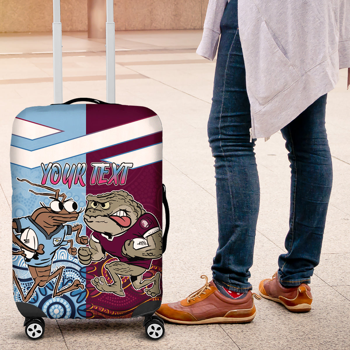 Custom QLD Cane Toad and NSW Cockroach Luggage Cover Aboriginal Inspired Together