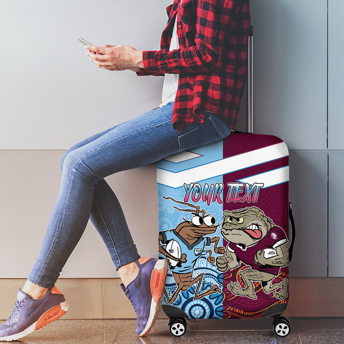 Custom QLD Cane Toad and NSW Cockroach Luggage Cover Aboriginal Inspired Together