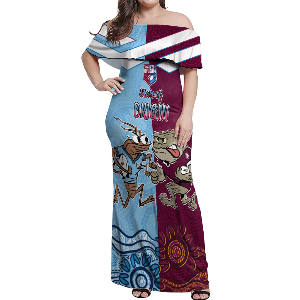 Custom QLD Cane Toad and NSW Cockroach Off Shoulder Maxi Dress Aboriginal Inspired Together