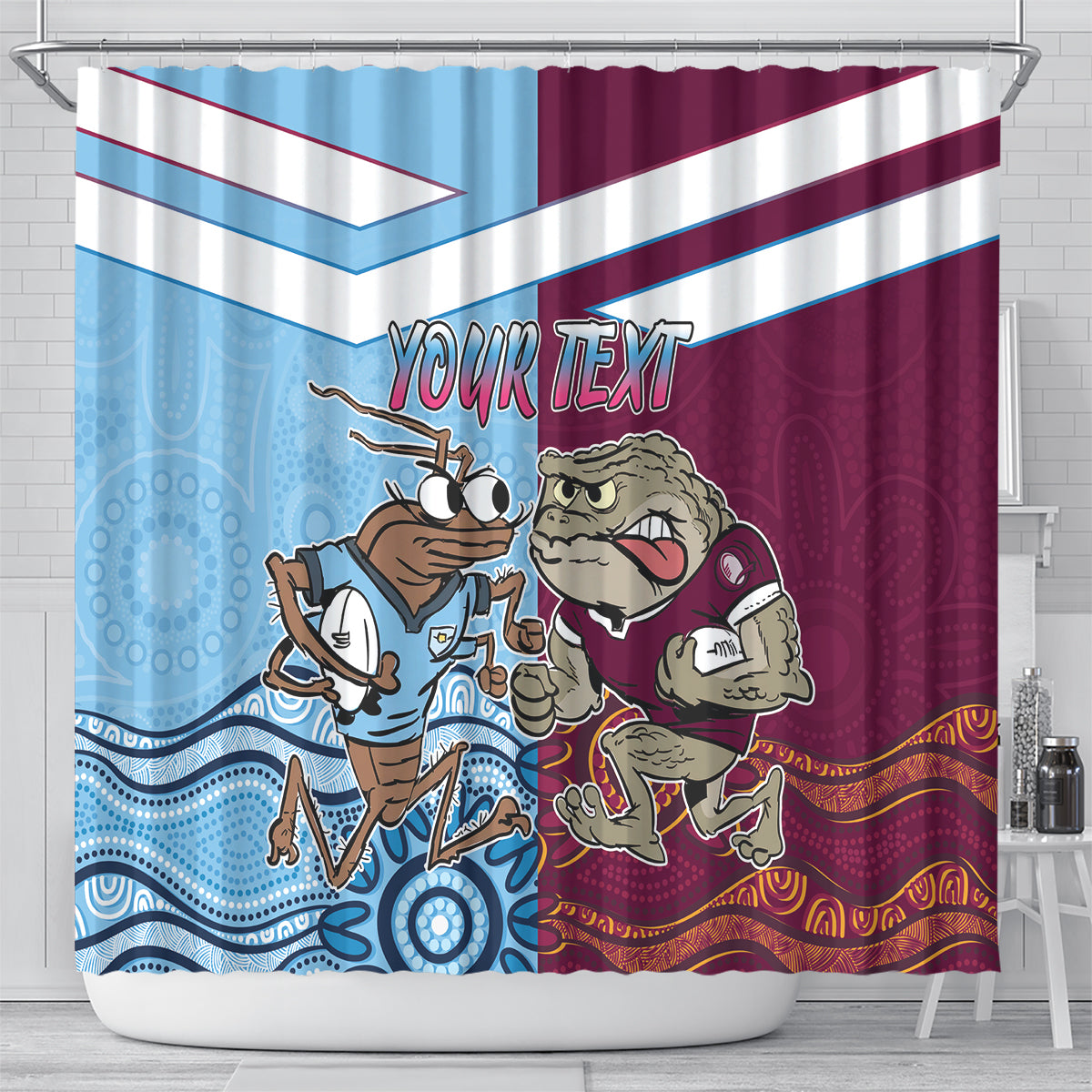 Custom QLD Cane Toad and NSW Cockroach Shower Curtain Aboriginal Inspired Together
