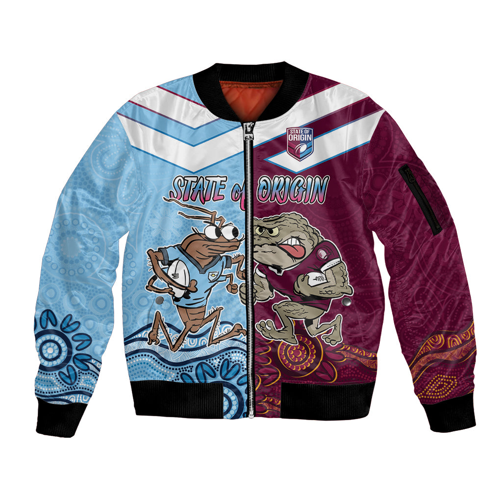 Custom QLD Cane Toad and NSW Cockroach Sleeve Zip Bomber Jacket Aboriginal Inspired Together