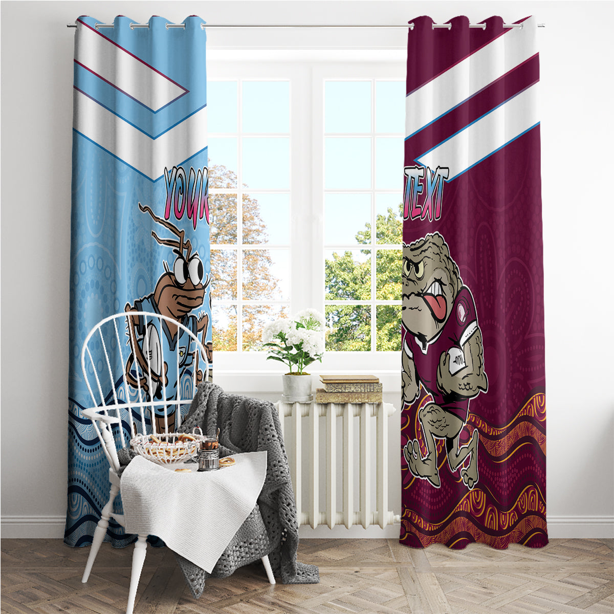 Custom QLD Cane Toad and NSW Cockroach Window Curtain Aboriginal Inspired Together