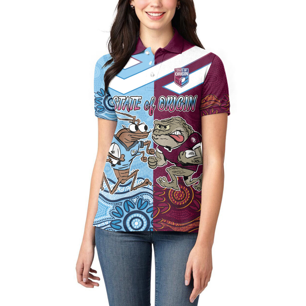 Custom QLD Cane Toad and NSW Cockroach Women Polo Shirt Aboriginal Inspired Together