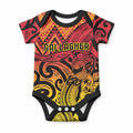New Zealand Rangatira Custom Baby Onesie Red and Gold Niho Taniwha Maori Tribal