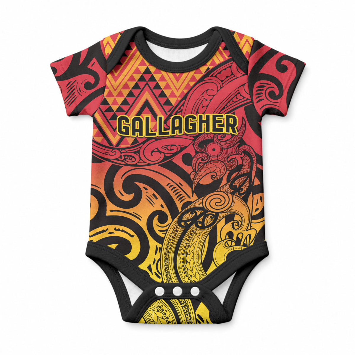 New Zealand Rangatira Custom Baby Onesie Red and Gold Niho Taniwha Maori Tribal