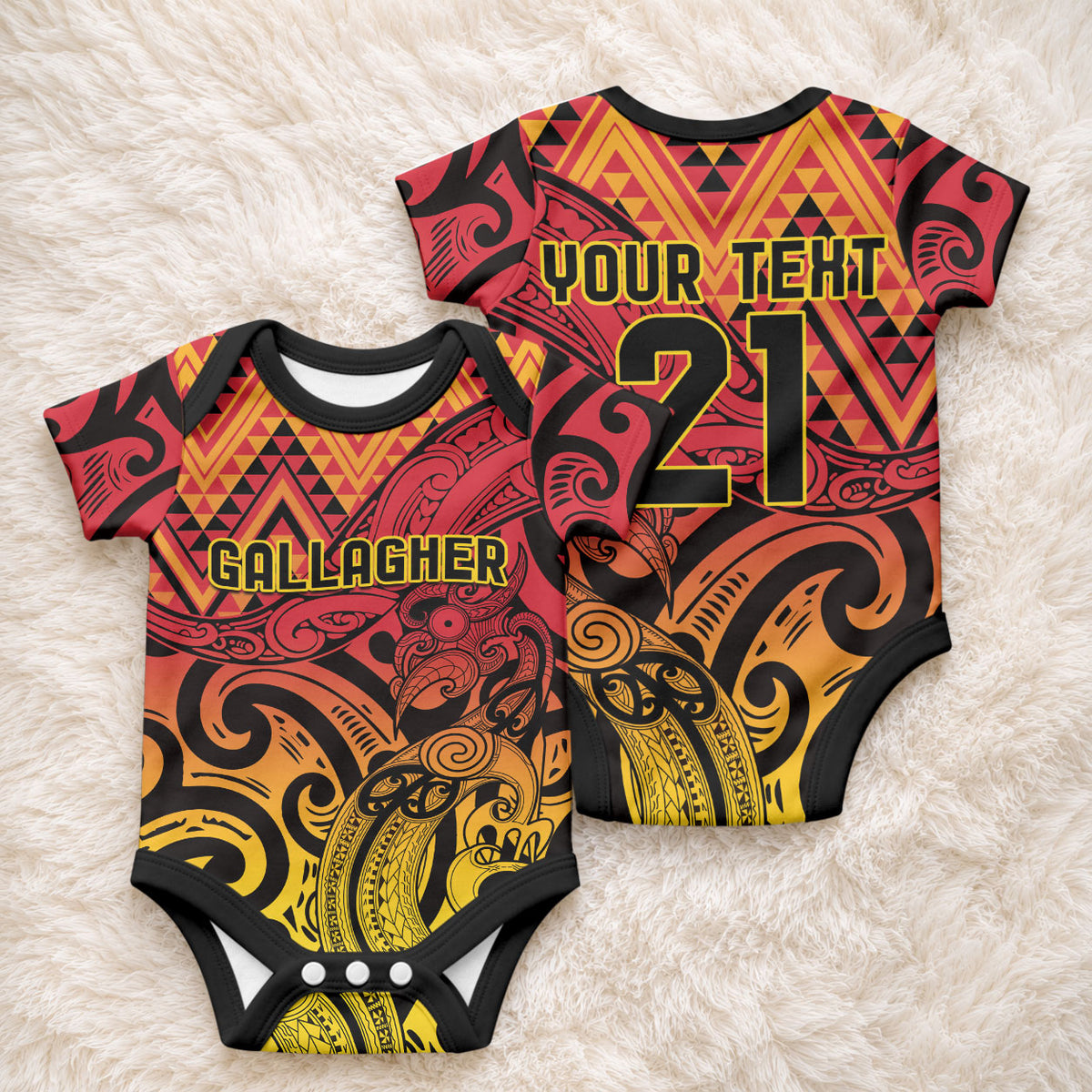 New Zealand Rangatira Custom Baby Onesie Red and Gold Niho Taniwha Maori Tribal