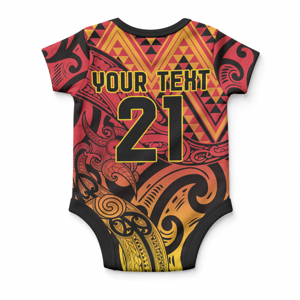 New Zealand Rangatira Custom Baby Onesie Red and Gold Niho Taniwha Maori Tribal
