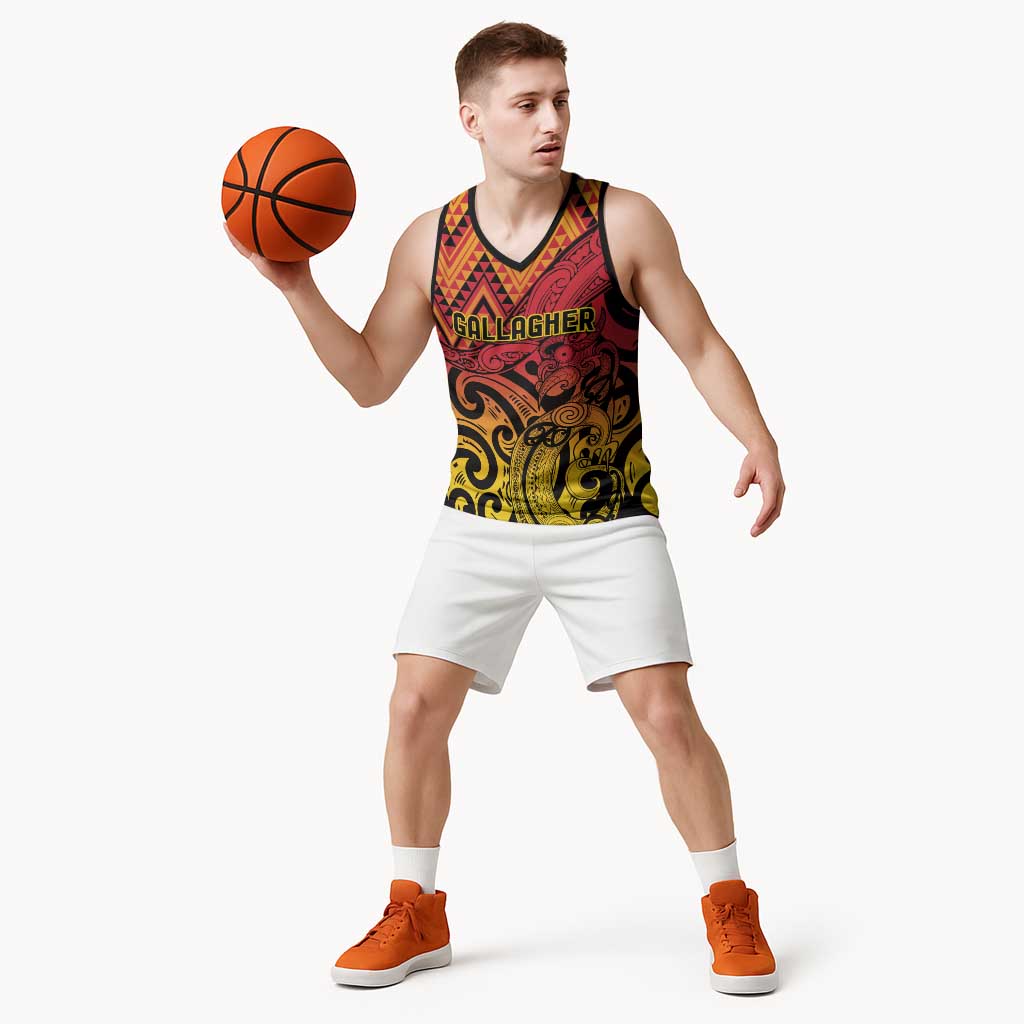 New Zealand Rangatira Custom Basketball Jersey Red and Gold Niho Taniwha Maori Tribal - Aussie Hoodie