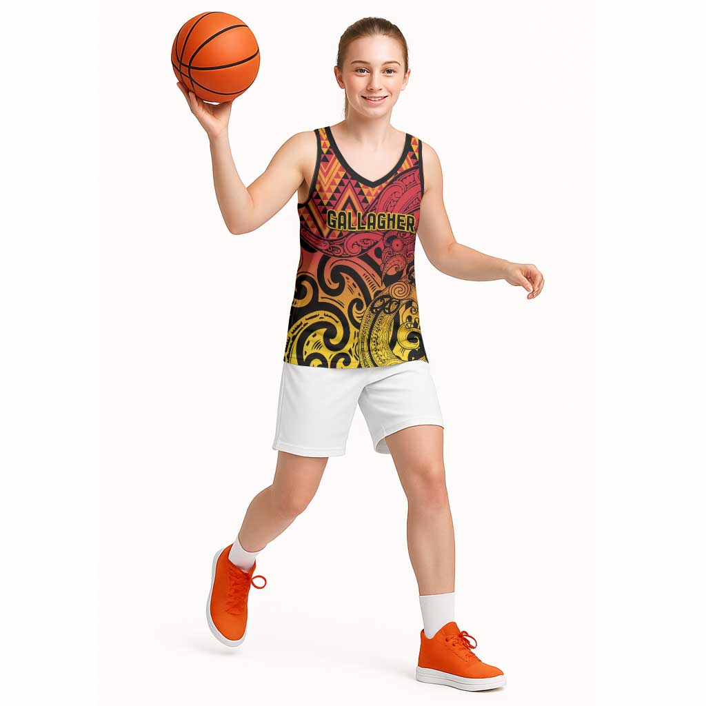 New Zealand Rangatira Custom Basketball Jersey Red and Gold Niho Taniwha Maori Tribal - Aussie Hoodie