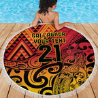 New Zealand Rangatira Custom Beach Blanket Red and Gold Niho Taniwha Maori Tribal