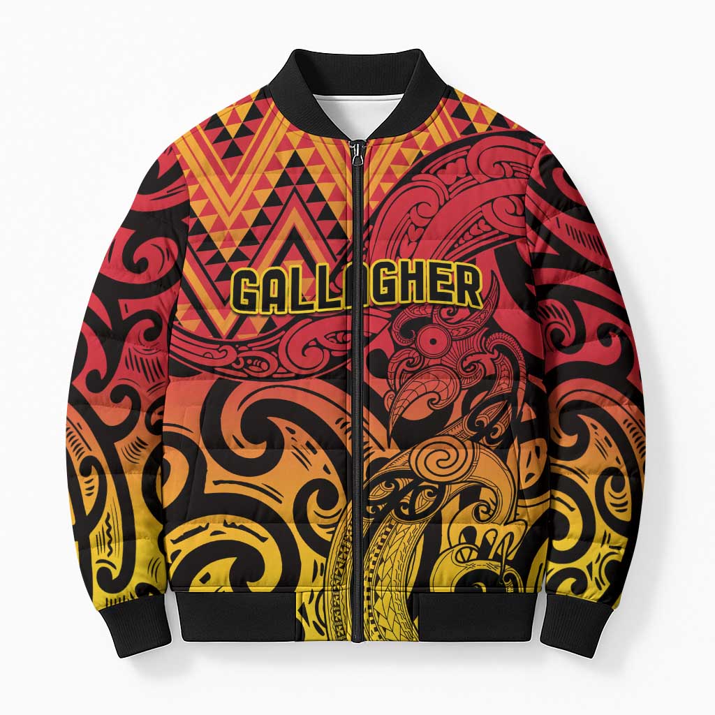 New Zealand Rangatira Custom Bomber Puffer Jacket Red and Gold Niho Taniwha Maori Tribal - Aussie Hoodie
