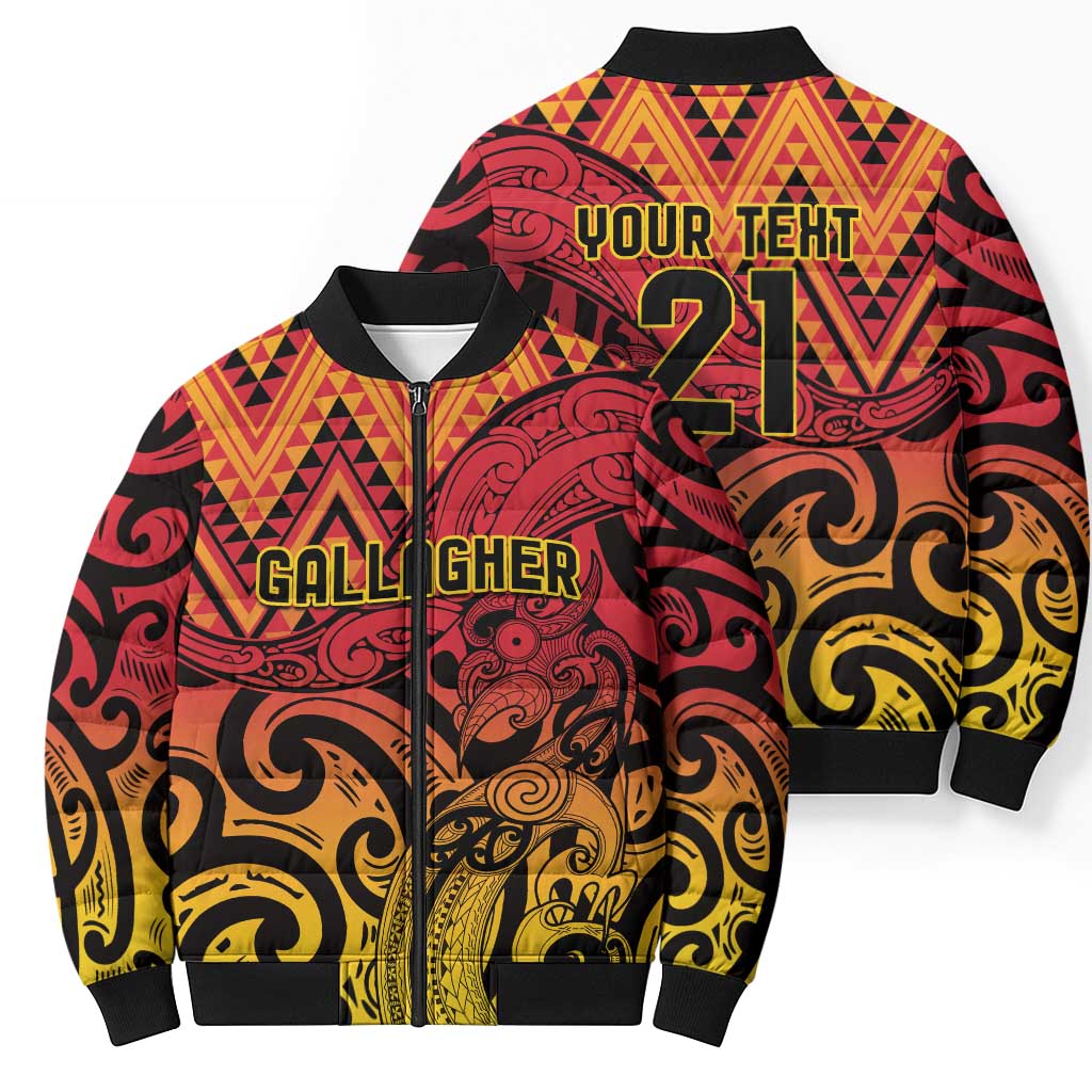 New Zealand Rangatira Custom Bomber Puffer Jacket Red and Gold Niho Taniwha Maori Tribal - Aussie Hoodie