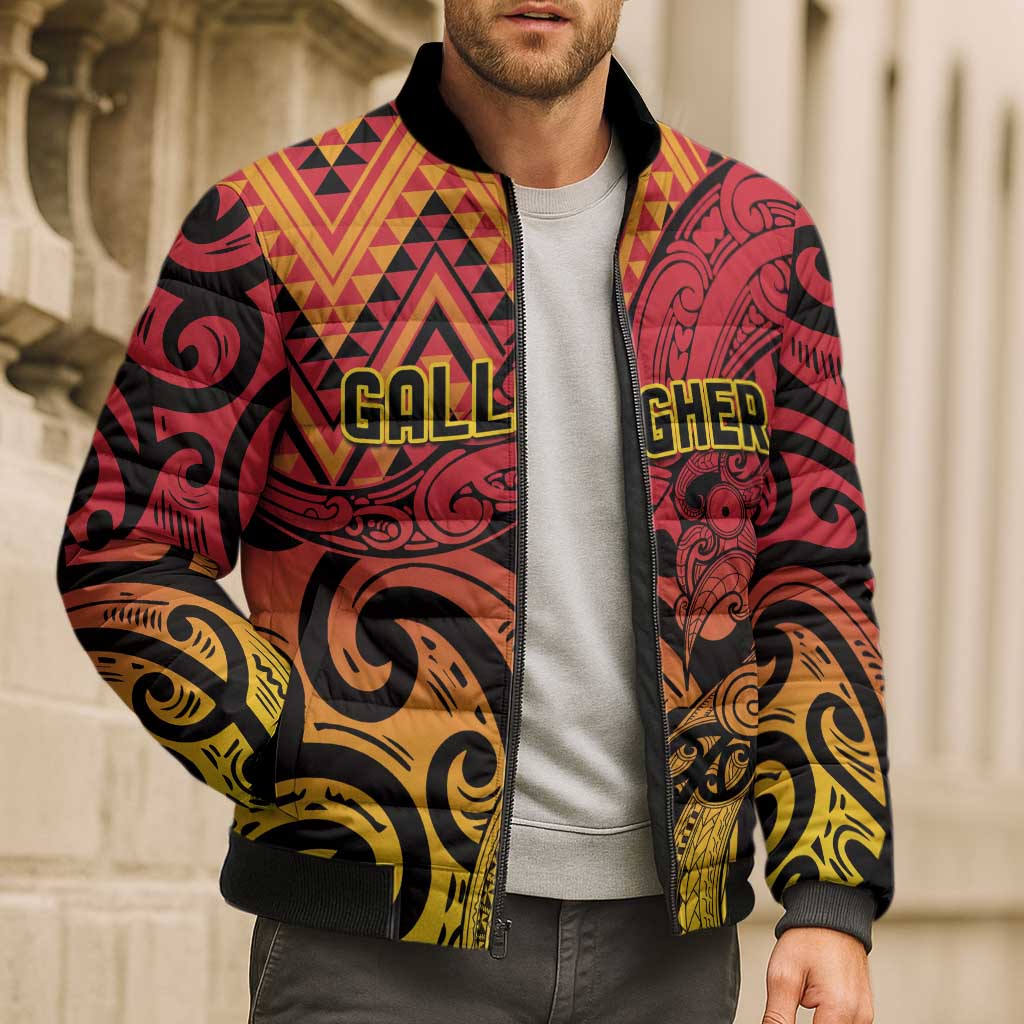 New Zealand Rangatira Custom Bomber Puffer Jacket Red and Gold Niho Taniwha Maori Tribal - Aussie Hoodie