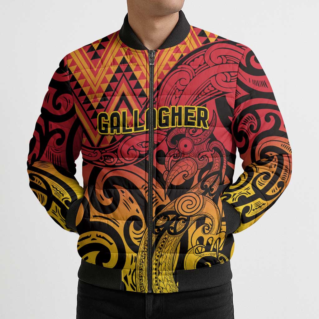 New Zealand Rangatira Custom Bomber Puffer Jacket Red and Gold Niho Taniwha Maori Tribal - Aussie Hoodie