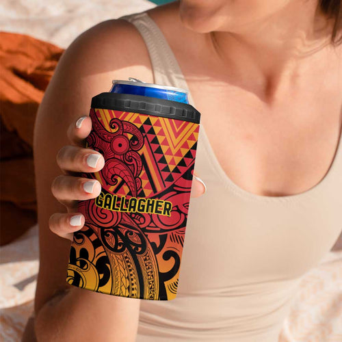 New Zealand Rangatira Custom 4 in 1 Can Cooler Tumbler Red and Gold Niho Taniwha Maori Tribal