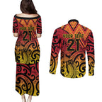 New Zealand Rangatira Custom Couples Matching Puletasi and Long Sleeve Button Shirt Red and Gold Niho Taniwha Maori Tribal