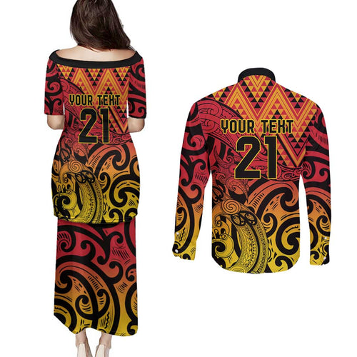 New Zealand Rangatira Custom Couples Matching Puletasi and Long Sleeve Button Shirt Red and Gold Niho Taniwha Maori Tribal